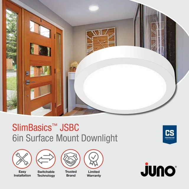 Alt view image 3 of 6 - Juno Slim Basics 6 Inch LED Ceiling Light, Low Profile Surface Mount Downlight for Shower or Closet Lighting, 3000K/4000K/5000K Selectable White Light, Edged Trim, Wet Rated, Matte White