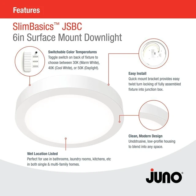 Alt view image 4 of 6 - Juno Slim Basics 6 Inch LED Ceiling Light, Low Profile Surface Mount Downlight for Shower or Closet Lighting, 3000K/4000K/5000K Selectable White Light, Edged Trim, Wet Rated, Matte White