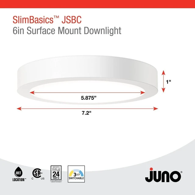 Alt view image 6 of 6 - Juno Slim Basics 6 Inch LED Ceiling Light, Low Profile Surface Mount Downlight for Shower or Closet Lighting, 3000K/4000K/5000K Selectable White Light, Edged Trim, Wet Rated, Matte White