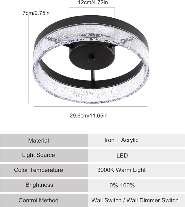 Alt view image 2 of 7 - Jaycomey Modern LED Ceiling Light Fixture, 11.65" Black Flush Mount Kitchen Lighting with Clear Seeded Acrylic Lampshade,Round Ceiling Lamp Lights for Dining Room Foyer Hallway, 3000K Warm White
