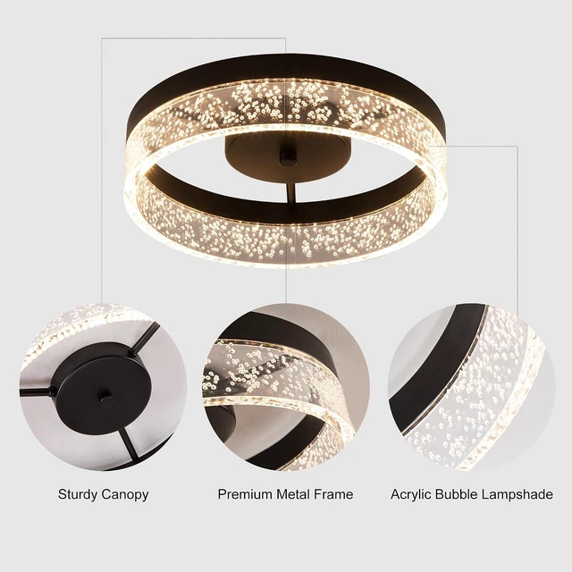 Alt view image 4 of 7 - Jaycomey Modern LED Ceiling Light Fixture, 11.65" Black Flush Mount Kitchen Lighting with Clear Seeded Acrylic Lampshade,Round Ceiling Lamp Lights for Dining Room Foyer Hallway, 3000K Warm White