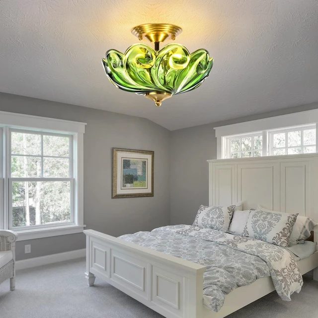 Alt view image 3 of 7 - Modern Semi Flush Mount Ceiling Light, 3-Light Gold Close to Ceiling Light Fixture with Green Glass Shade for Living Room Entryway Bedroom