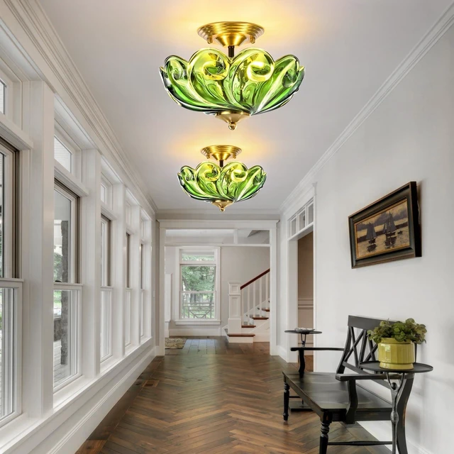 Alt view image 2 of 7 - Modern Semi Flush Mount Ceiling Light, 3-Light Gold Close to Ceiling Light Fixture with Green Glass Shade for Living Room Entryway Bedroom