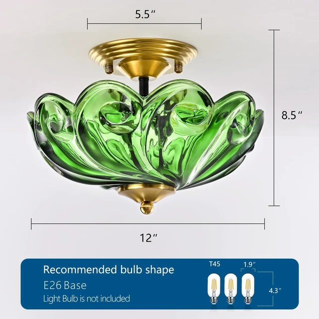 Alt view image 4 of 7 - Modern Semi Flush Mount Ceiling Light, 3-Light Gold Close to Ceiling Light Fixture with Green Glass Shade for Living Room Entryway Bedroom