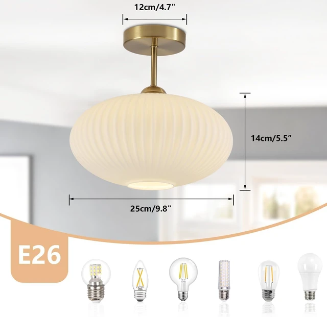 Alt view image 2 of 7 - BOKT Vintage Ceiling Light Fixture 9.8" Lantern Shape Milk White Glass Ceiling Light Mid Century Modern Ceiling Pendant Light for Bedroom, Dining Table, Stairway