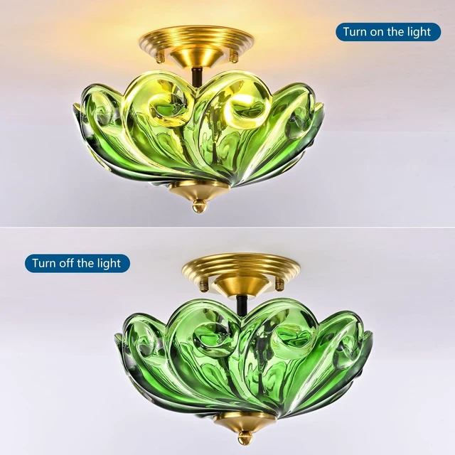 Alt view image 6 of 7 - Modern Semi Flush Mount Ceiling Light, 3-Light Gold Close to Ceiling Light Fixture with Green Glass Shade for Living Room Entryway Bedroom