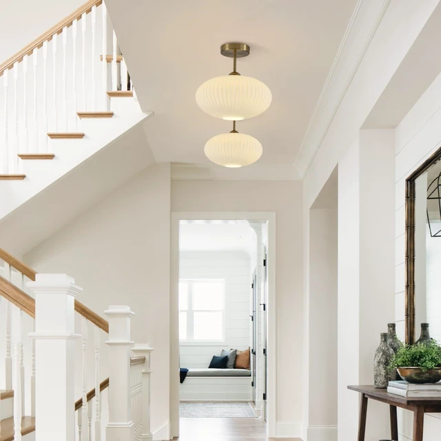 Alt view image 7 of 7 - BOKT Vintage Ceiling Light Fixture 9.8" Lantern Shape Milk White Glass Ceiling Light Mid Century Modern Ceiling Pendant Light for Bedroom, Dining Table, Stairway