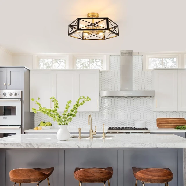 Alt view image 2 of 7 - WILON 6-Light Semi Flush Mount Ceiling Light Black Gold Metal Cage 19.7in