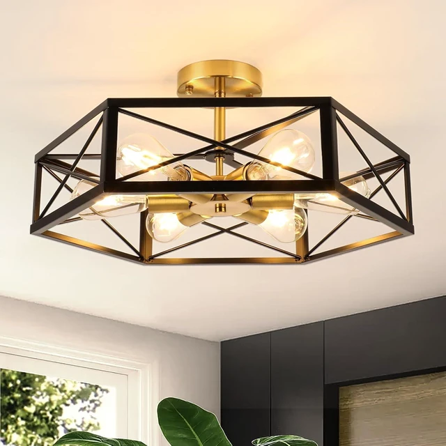 Main image of WILON 6-Light Semi Flush Mount Ceiling Light Black Gold Metal Cage 19.7in