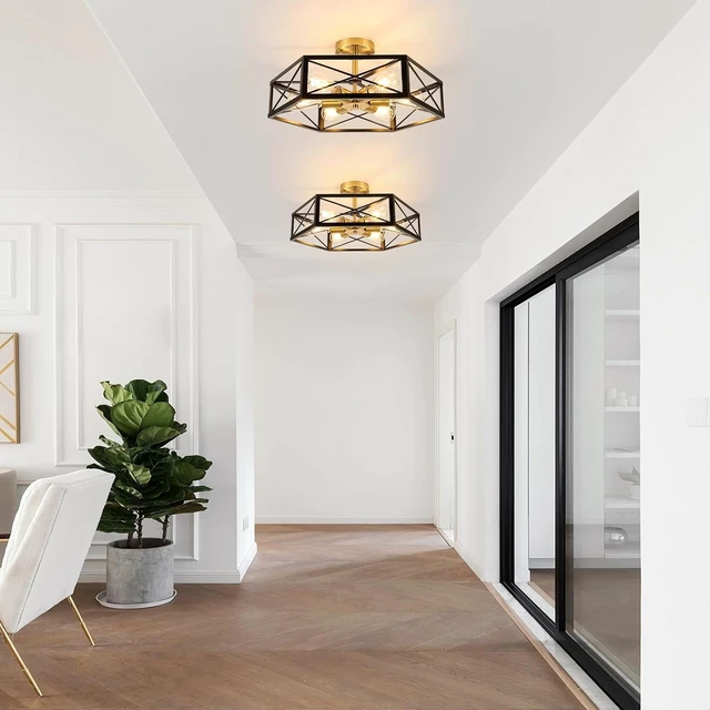 Alt view image 3 of 7 - WILON 6-Light Semi Flush Mount Ceiling Light Black Gold Metal Cage 19.7in