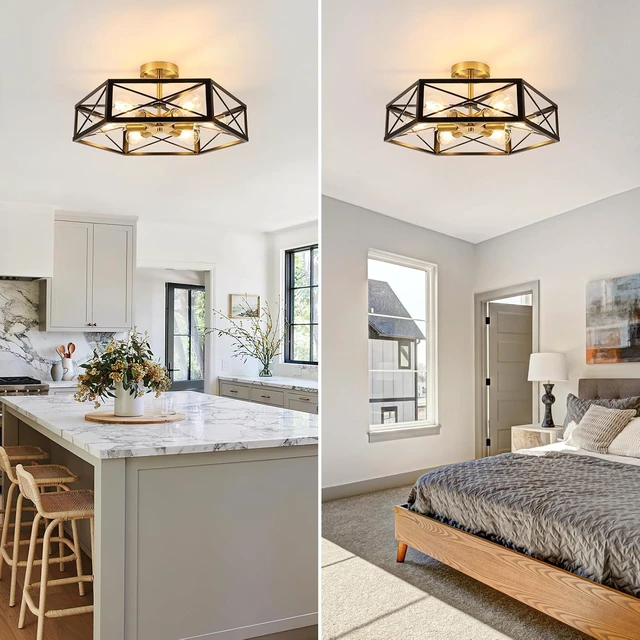 Alt view image 4 of 7 - WILON 6-Light Semi Flush Mount Ceiling Light Black Gold Metal Cage 19.7in