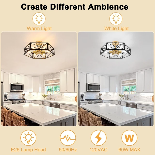 Alt view image 5 of 7 - WILON 6-Light Semi Flush Mount Ceiling Light Black Gold Metal Cage 19.7in
