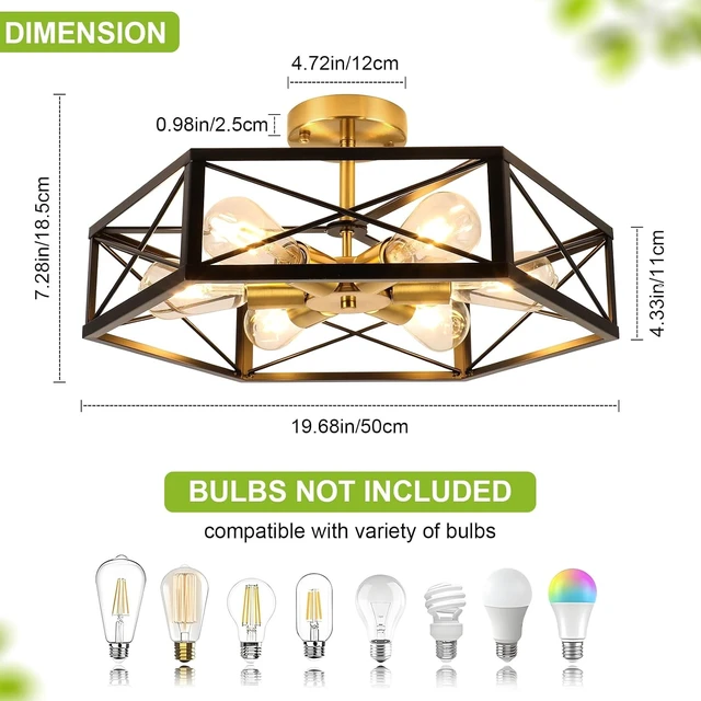 Alt view image 6 of 7 - WILON 6-Light Semi Flush Mount Ceiling Light Black Gold Metal Cage 19.7in