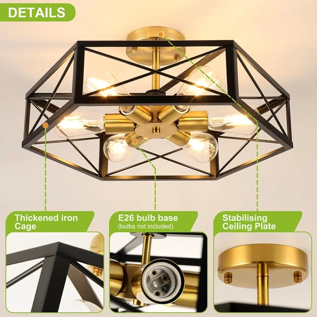 Alt view image 7 of 7 - WILON 6-Light Semi Flush Mount Ceiling Light Black Gold Metal Cage 19.7in