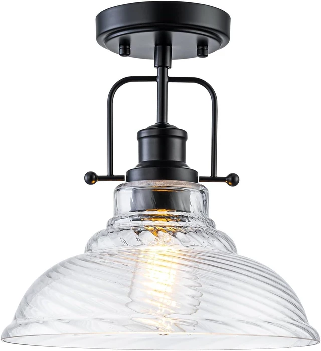 Main image of WILON Flush Mount Ceiling Light, Black Farmhouse Ceiling Light with Striped Clear Glass Shade, Light Fixtures for Dining Room Ceiling, Semi Flush Mount Ceiling Lights for Kitchen Entryway