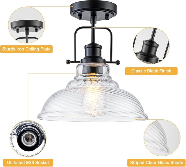 Alt view image 4 of 7 - WILON Flush Mount Ceiling Light, Black Farmhouse Ceiling Light with Striped Clear Glass Shade, Light Fixtures for Dining Room Ceiling, Semi Flush Mount Ceiling Lights for Kitchen Entryway