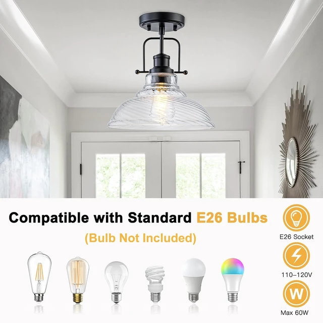 Alt view image 5 of 7 - WILON Flush Mount Ceiling Light, Black Farmhouse Ceiling Light with Striped Clear Glass Shade, Light Fixtures for Dining Room Ceiling, Semi Flush Mount Ceiling Lights for Kitchen Entryway