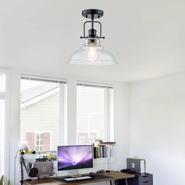 Alt view image 6 of 7 - WILON Flush Mount Ceiling Light, Black Farmhouse Ceiling Light with Striped Clear Glass Shade, Light Fixtures for Dining Room Ceiling, Semi Flush Mount Ceiling Lights for Kitchen Entryway