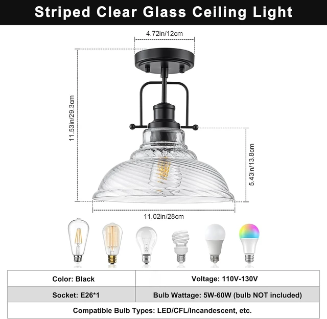 Alt view image 2 of 7 - WILON Flush Mount Ceiling Light, Black Farmhouse Ceiling Light with Striped Clear Glass Shade, Light Fixtures for Dining Room Ceiling, Semi Flush Mount Ceiling Lights for Kitchen Entryway