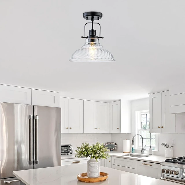 Alt view image 3 of 7 - WILON Flush Mount Ceiling Light, Black Farmhouse Ceiling Light with Striped Clear Glass Shade, Light Fixtures for Dining Room Ceiling, Semi Flush Mount Ceiling Lights for Kitchen Entryway