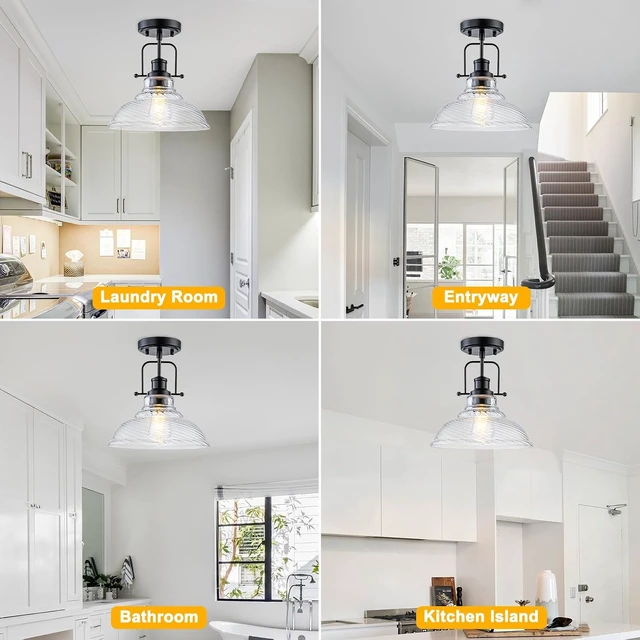 Alt view image 7 of 7 - WILON Flush Mount Ceiling Light, Black Farmhouse Ceiling Light with Striped Clear Glass Shade, Light Fixtures for Dining Room Ceiling, Semi Flush Mount Ceiling Lights for Kitchen Entryway