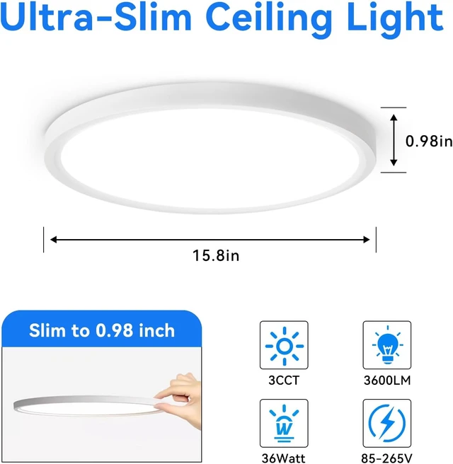 Alt view image 3 of 7 - 6PK 15.8 inch LED Flush Mount Ceiling Light Fixture,36W 3600LM,3000K/4000K/6000K CCTSelectable Super Slim LED Ceiling Light ,Close to Ceiling Round Flat Panel light for Bedroom,Kitchen,Hallway,White