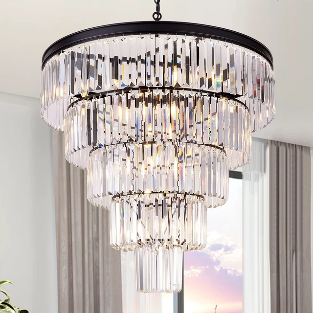 Main image of TOCHIC 10 Light Large Crystal Chandelier 31.5 inch, 5-Tier Contemporary Modern Black Crystal Chandeliers, Raindrop K9 Round Ceiling Light for Bathroom,Staircase, Entryway, Dining Room, Foyer, Kitchen