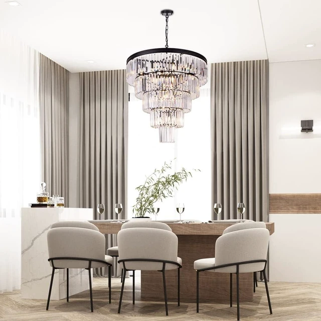 Alt view image 5 of 7 - TOCHIC 10 Light Large Crystal Chandelier 31.5 inch, 5-Tier Contemporary Modern Black Crystal Chandeliers, Raindrop K9 Round Ceiling Light for Bathroom,Staircase, Entryway, Dining Room, Foyer, Kitchen