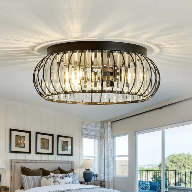 Main image of YYJLX 3 Light Flush Mount Ceiling Light Fixtures Modern Crystal Chandelier Black E26 Indoor Lighting for Hallway Bedroom Bathroom Foyer Living Room Dining Room Kitchen.