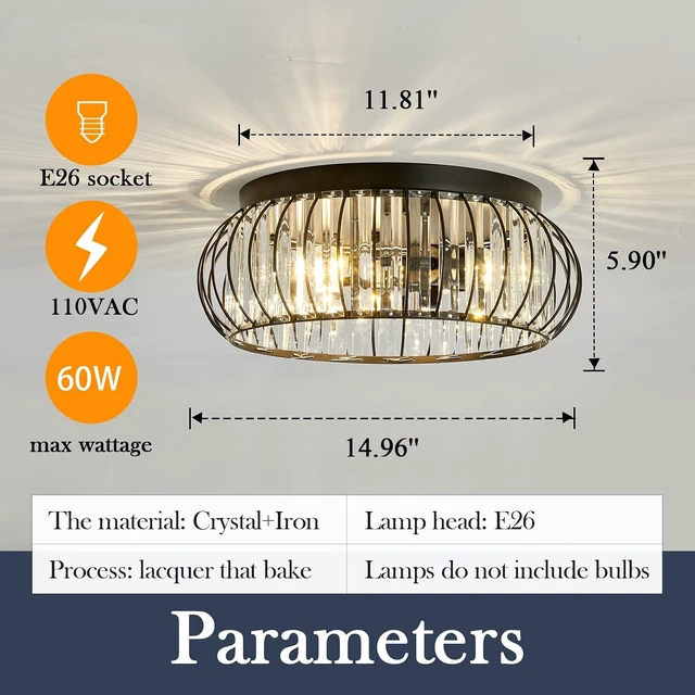 Alt view image 2 of 7 - YYJLX 3 Light Flush Mount Ceiling Light Fixtures Modern Crystal Chandelier Black E26 Indoor Lighting for Hallway Bedroom Bathroom Foyer Living Room Dining Room Kitchen.