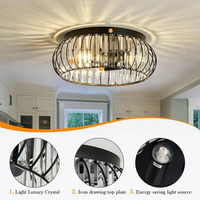 Alt view image 3 of 7 - YYJLX 3 Light Flush Mount Ceiling Light Fixtures Modern Crystal Chandelier Black E26 Indoor Lighting for Hallway Bedroom Bathroom Foyer Living Room Dining Room Kitchen.