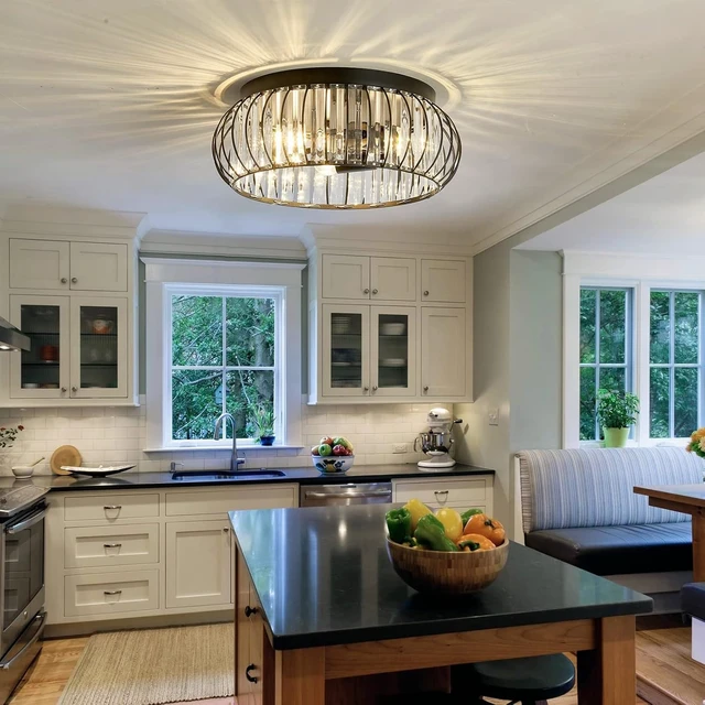 Alt view image 7 of 7 - YYJLX 3 Light Flush Mount Ceiling Light Fixtures Modern Crystal Chandelier Black E26 Indoor Lighting for Hallway Bedroom Bathroom Foyer Living Room Dining Room Kitchen.