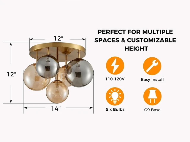Alt view image 2 of 7 - AGV LIGHTING Flush Mount Ceiling Light Fixture, Modern Bubble Glass Ceiling Light with Black Metal Frame, 5-Light G9 Base Gold Brass Ceiling Chandelier for Bedroom Living Room Kitchen Dining Room