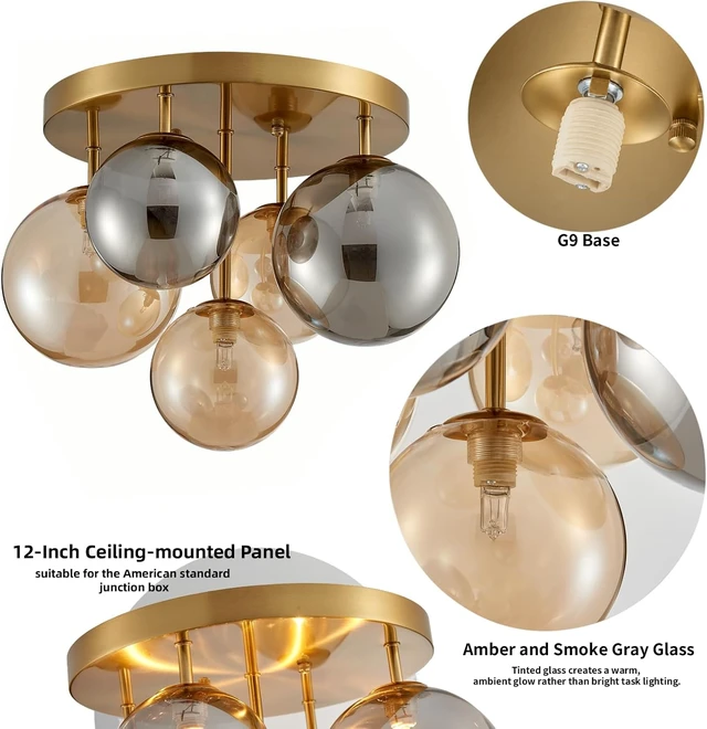 Alt view image 3 of 7 - AGV LIGHTING Flush Mount Ceiling Light Fixture, Modern Bubble Glass Ceiling Light with Black Metal Frame, 5-Light G9 Base Gold Brass Ceiling Chandelier for Bedroom Living Room Kitchen Dining Room