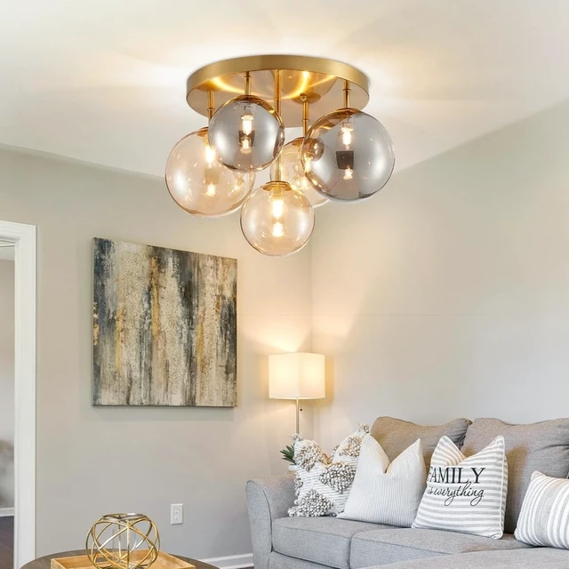 Alt view image 5 of 7 - AGV LIGHTING Flush Mount Ceiling Light Fixture, Modern Bubble Glass Ceiling Light with Black Metal Frame, 5-Light G9 Base Gold Brass Ceiling Chandelier for Bedroom Living Room Kitchen Dining Room