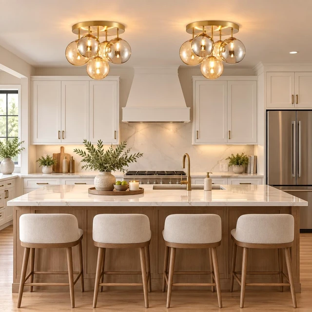 Alt view image 6 of 7 - AGV LIGHTING Flush Mount Ceiling Light Fixture, Modern Bubble Glass Ceiling Light with Black Metal Frame, 5-Light G9 Base Gold Brass Ceiling Chandelier for Bedroom Living Room Kitchen Dining Room