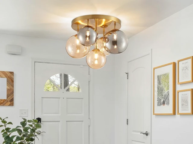 Alt view image 7 of 7 - AGV LIGHTING Flush Mount Ceiling Light Fixture, Modern Bubble Glass Ceiling Light with Black Metal Frame, 5-Light G9 Base Gold Brass Ceiling Chandelier for Bedroom Living Room Kitchen Dining Room