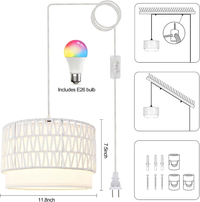 Alt view image 5 of 7 - Plug in Hanging Lamp with RGB Smart Bulb Plug-in Cord Pendant Light with 15ft Cord Fixture Pendant Lights for Bedroom Kitchen Living Room Dining Room