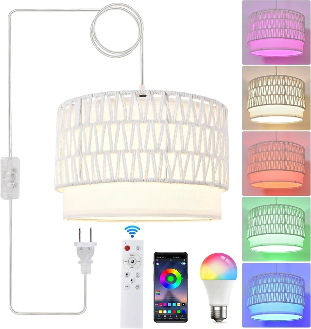 Main image of Plug in Hanging Lamp with RGB Smart Bulb Plug-in Cord Pendant Light with 15ft Cord Fixture Pendant Lights for Bedroom Kitchen Living Room Dining Room