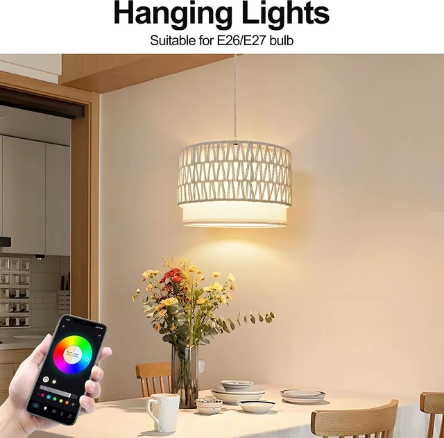 Alt view image 2 of 7 - Plug in Hanging Lamp with RGB Smart Bulb Plug-in Cord Pendant Light with 15ft Cord Fixture Pendant Lights for Bedroom Kitchen Living Room Dining Room