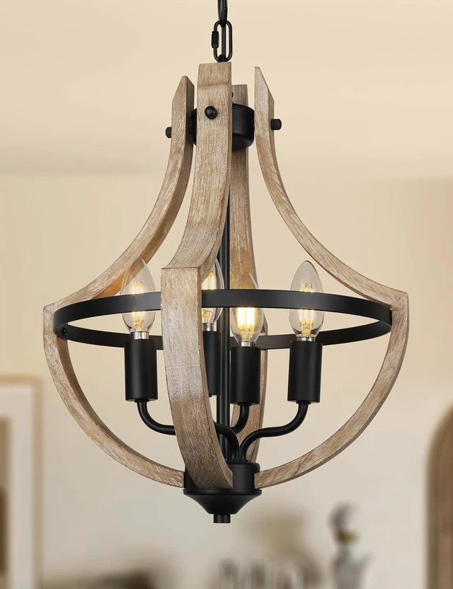 Main image of 4-Light Farmhouse Dining Room Light Fixture, Adjustable Height Hanging Wood Vintage Pendant Lights for Kitchen Island Hallway Foyer Entryway Breakfast Area Bedroom
