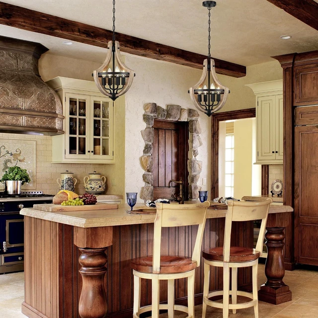 Alt view image 3 of 7 - 4-Light Farmhouse Dining Room Light Fixture, Adjustable Height Hanging Wood Vintage Pendant Lights for Kitchen Island Hallway Foyer Entryway Breakfast Area Bedroom