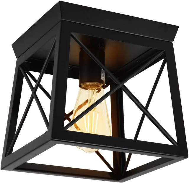 Main image of 1 Light Black Industrial Flush Mount Ceiling Light Fixture - Square Farmhouse Caged Ceiling Light for Closet Kitchen Hallway Porch, E26, Dimmable