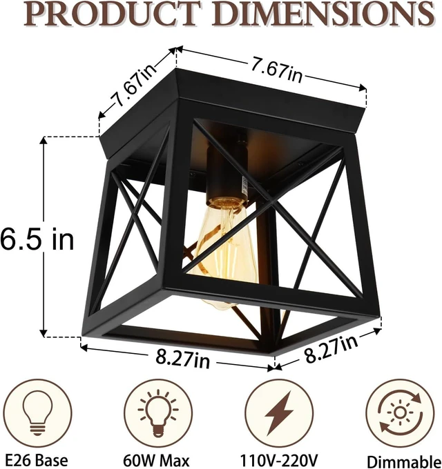 Alt view image 2 of 7 - 1 Light Black Industrial Flush Mount Ceiling Light Fixture - Square Farmhouse Caged Ceiling Light for Closet Kitchen Hallway Porch, E26, Dimmable