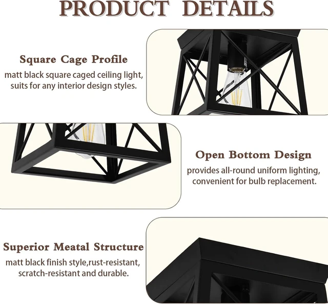 Alt view image 3 of 7 - 1 Light Black Industrial Flush Mount Ceiling Light Fixture - Square Farmhouse Caged Ceiling Light for Closet Kitchen Hallway Porch, E26, Dimmable