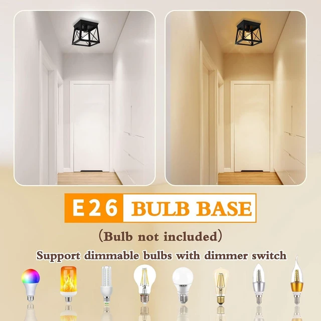 Alt view image 4 of 7 - 1 Light Black Industrial Flush Mount Ceiling Light Fixture - Square Farmhouse Caged Ceiling Light for Closet Kitchen Hallway Porch, E26, Dimmable