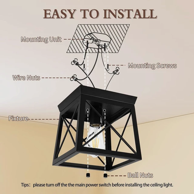 Alt view image 6 of 7 - 1 Light Black Industrial Flush Mount Ceiling Light Fixture - Square Farmhouse Caged Ceiling Light for Closet Kitchen Hallway Porch, E26, Dimmable