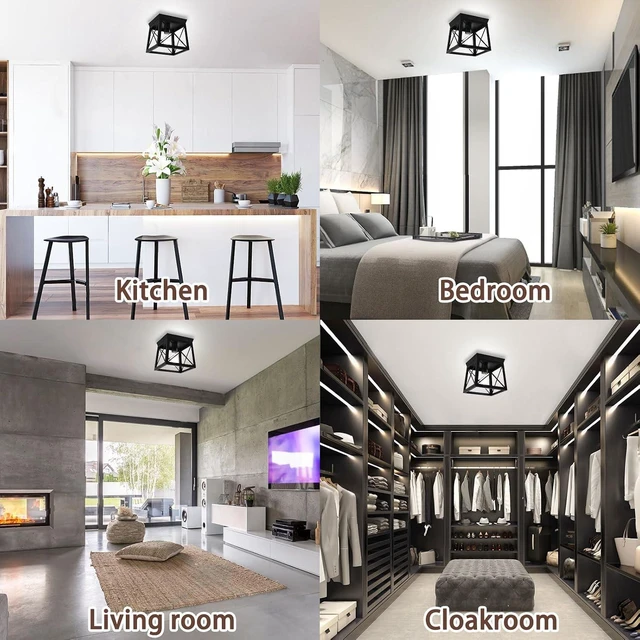 Alt view image 7 of 7 - 1 Light Black Industrial Flush Mount Ceiling Light Fixture - Square Farmhouse Caged Ceiling Light for Closet Kitchen Hallway Porch, E26, Dimmable