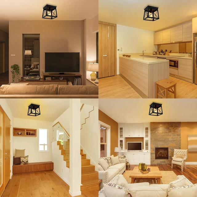 Alt view image 5 of 7 - 1 Light Black Industrial Flush Mount Ceiling Light Fixture - Square Farmhouse Caged Ceiling Light for Closet Kitchen Hallway Porch, E26, Dimmable