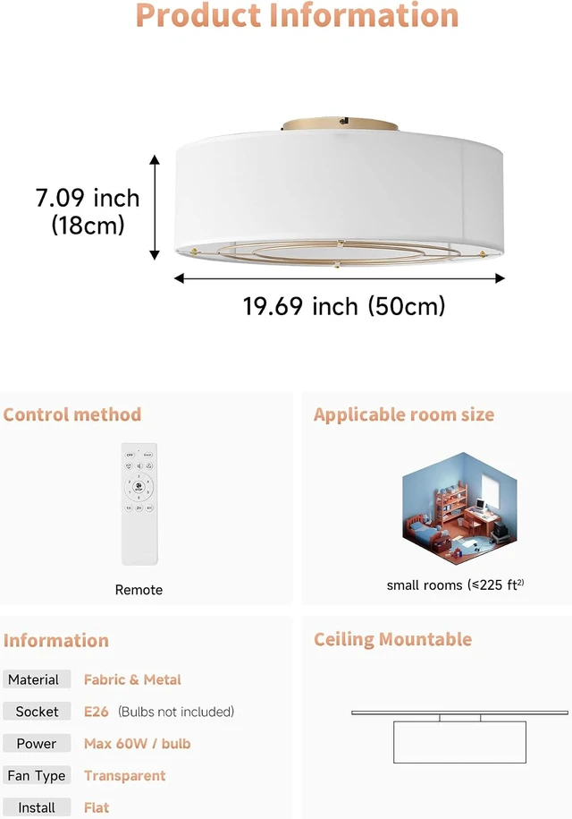 Alt view image 5 of 7 - Low Profile Ceiling Fans with Lights, 20" Flush Mount Ceiling Fan with Light, Boho Bladeless with 6 Speeds, Rattan Remote Control for Bedroom, Nursery, Living Room